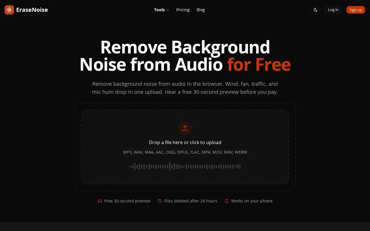 EraseNoise homepage screenshot