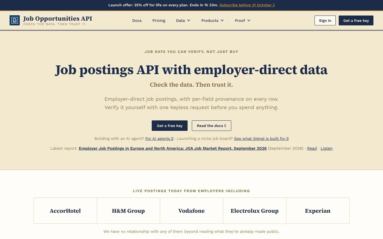 Job Opportunities API homepage screenshot