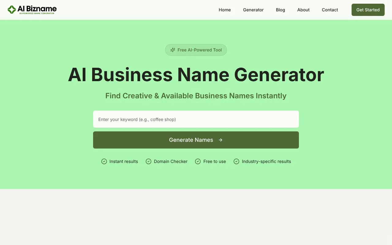 AI Bizname homepage screenshot
