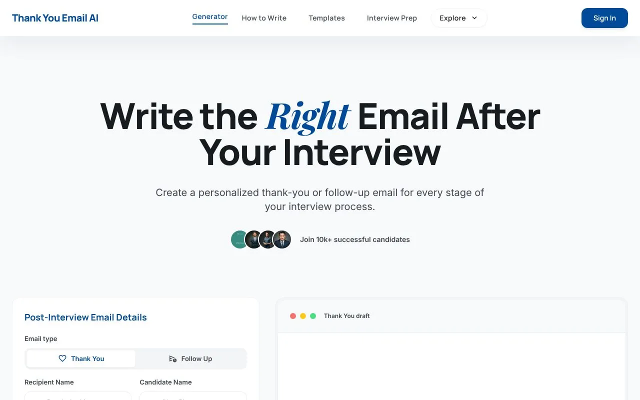 Thank You Email AI homepage screenshot