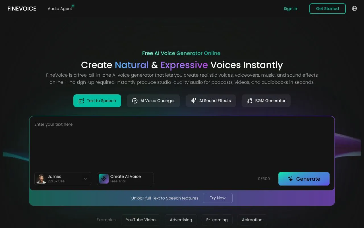 FineVoice homepage screenshot