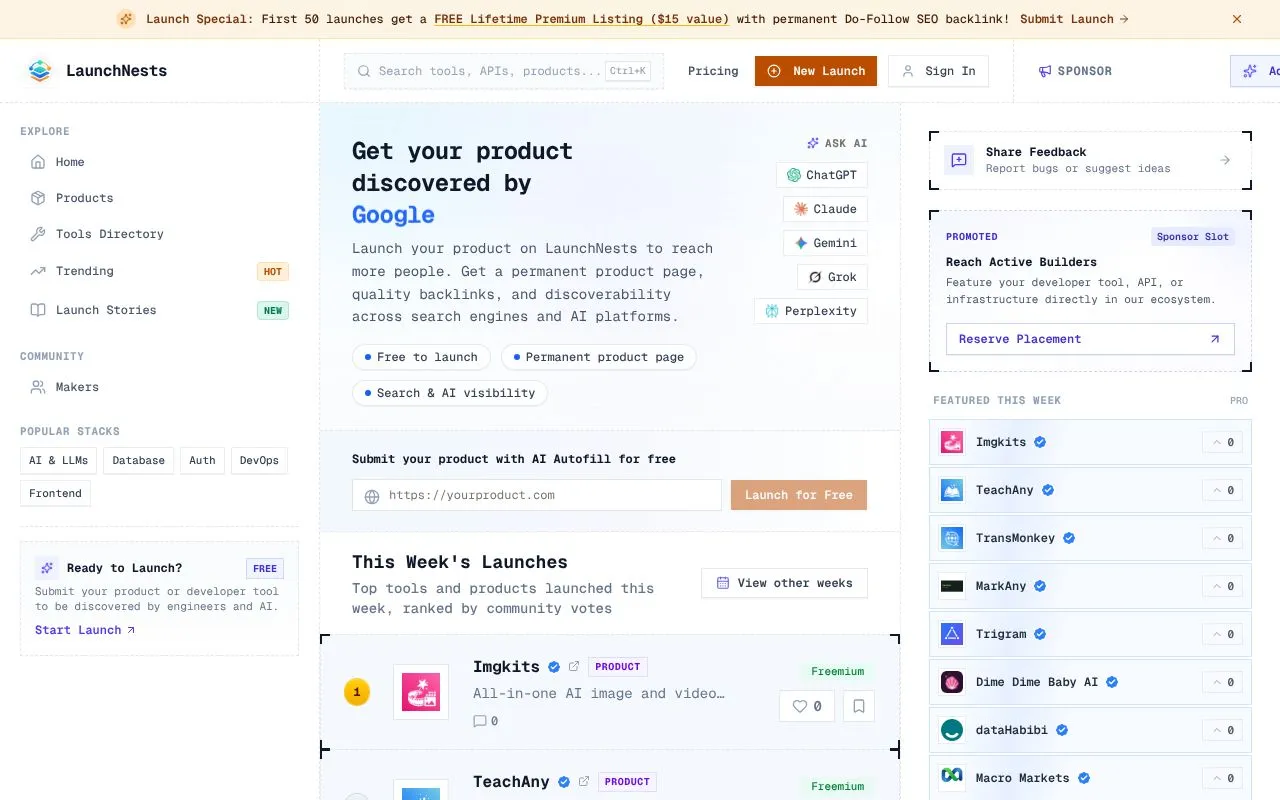 LaunchNests homepage screenshot