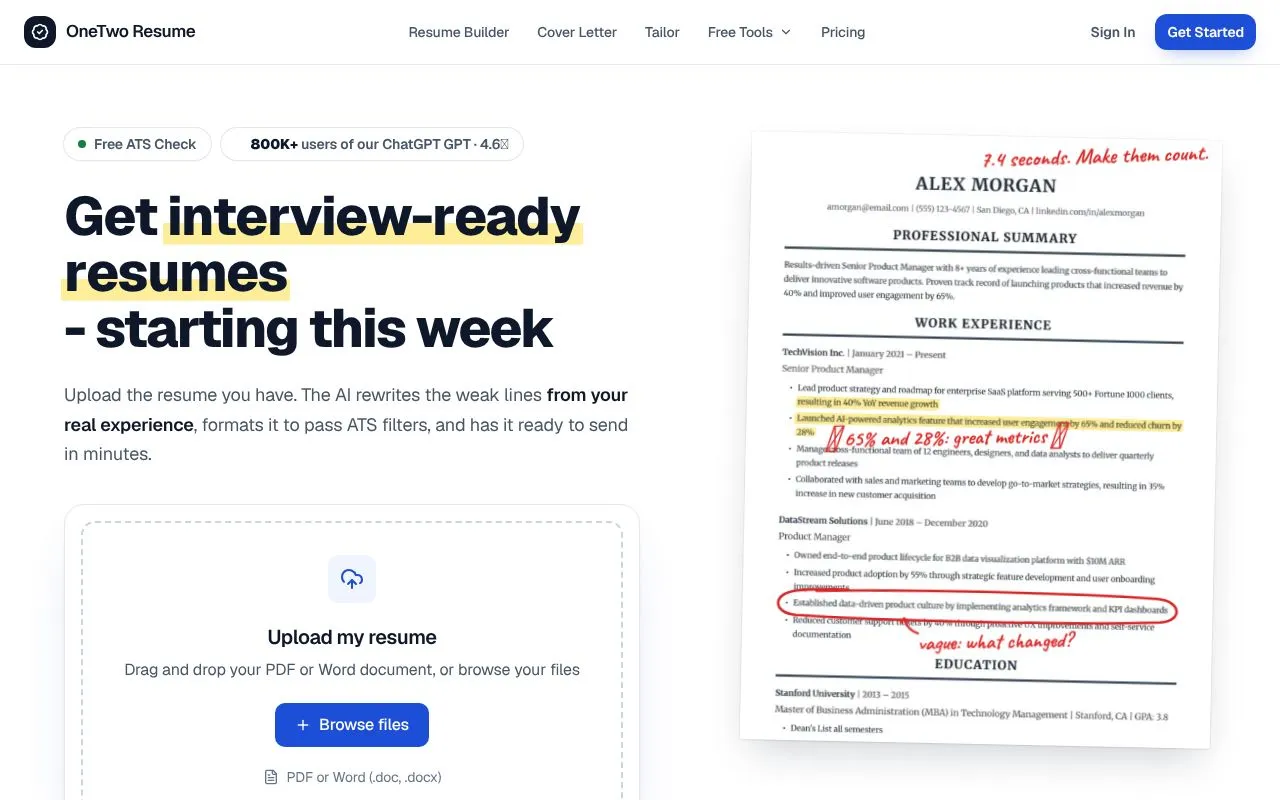 OneTwo Resume homepage screenshot
