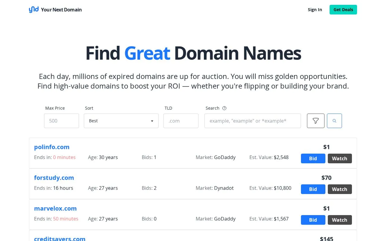 Your Next Domain homepage screenshot