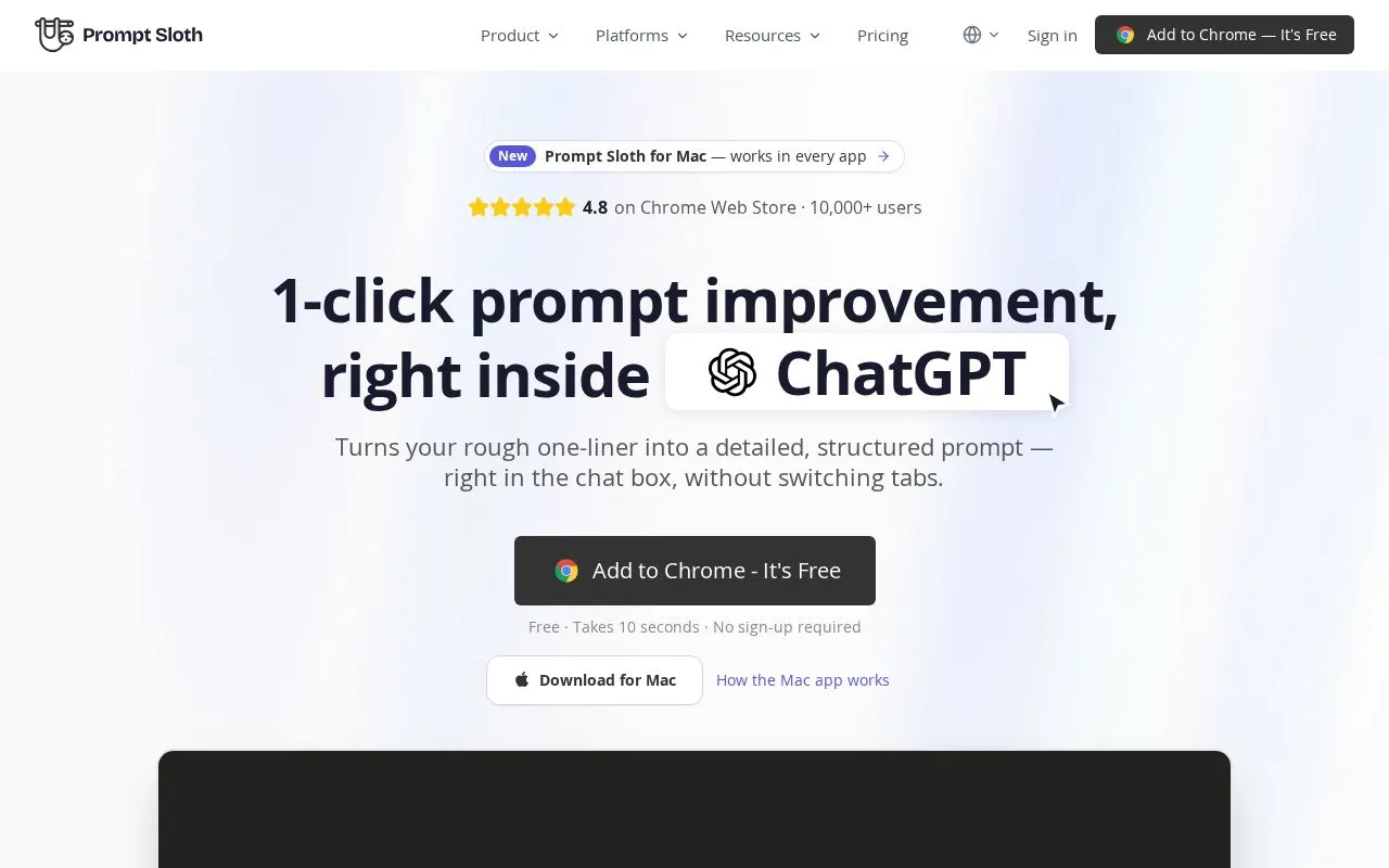 Prompt Sloth homepage screenshot