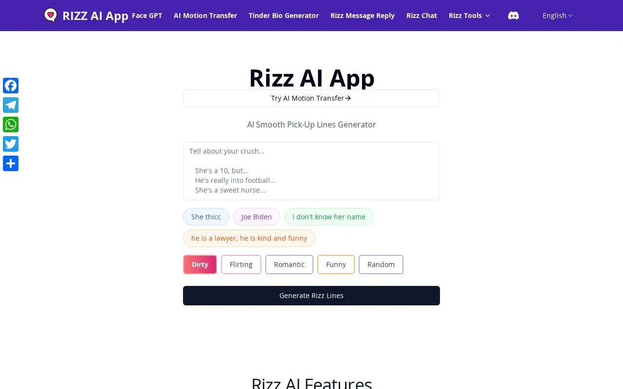 Rizz AI App homepage screenshot