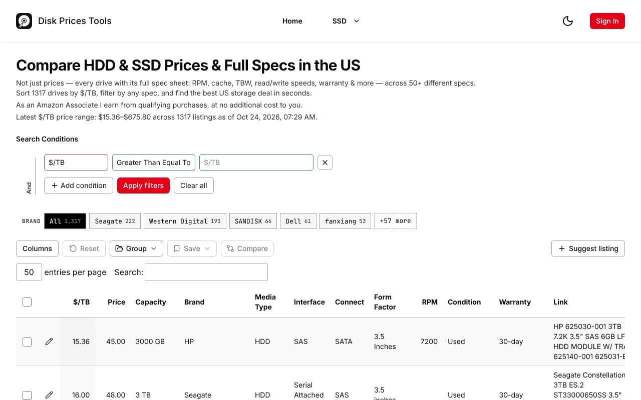 Disk Prices Tools homepage screenshot