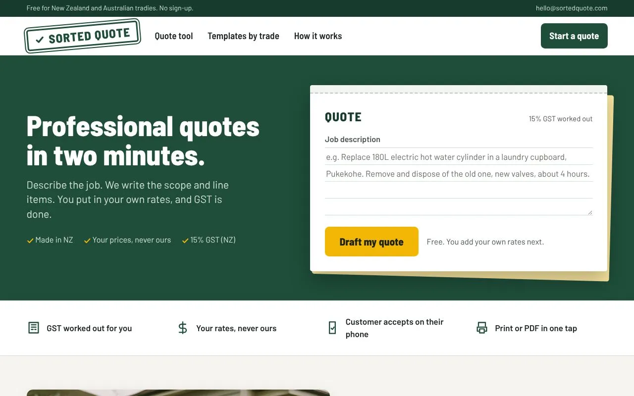 Sorted Quote homepage screenshot