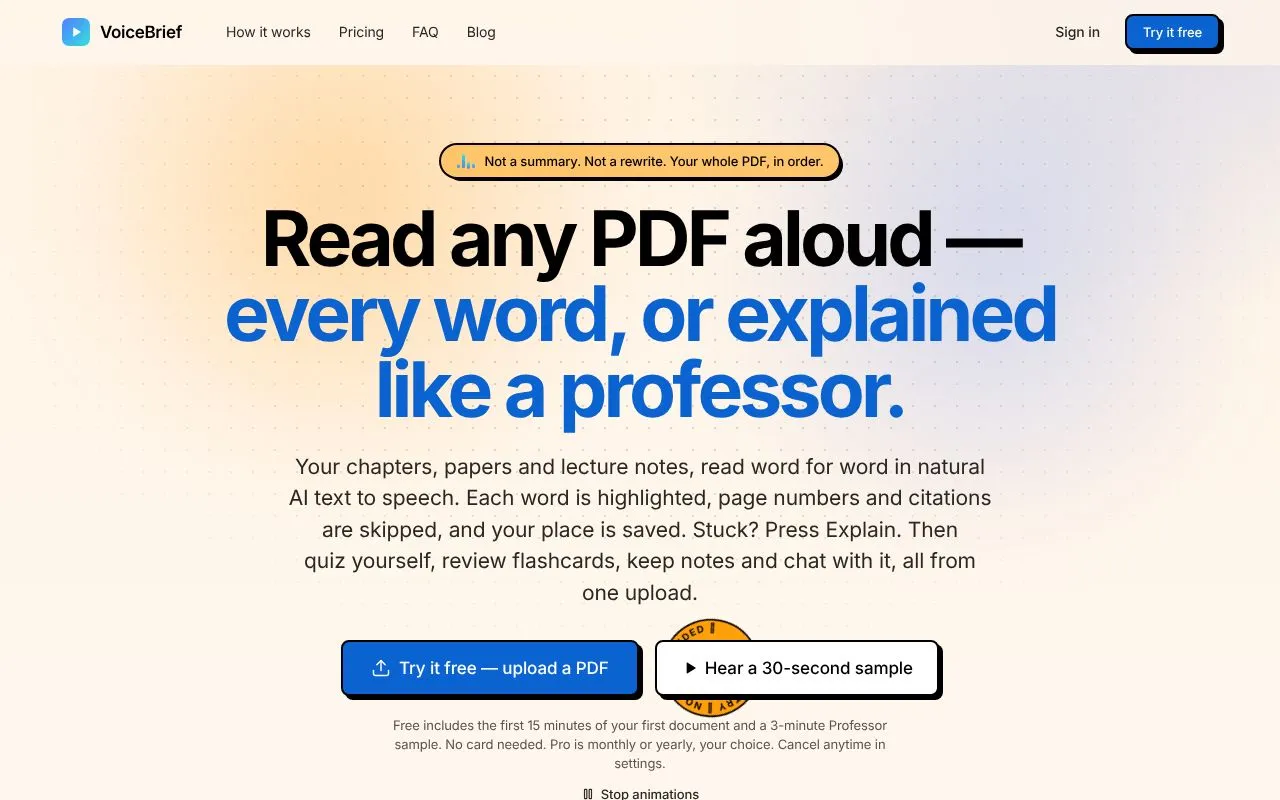 VoiceBrief homepage screenshot