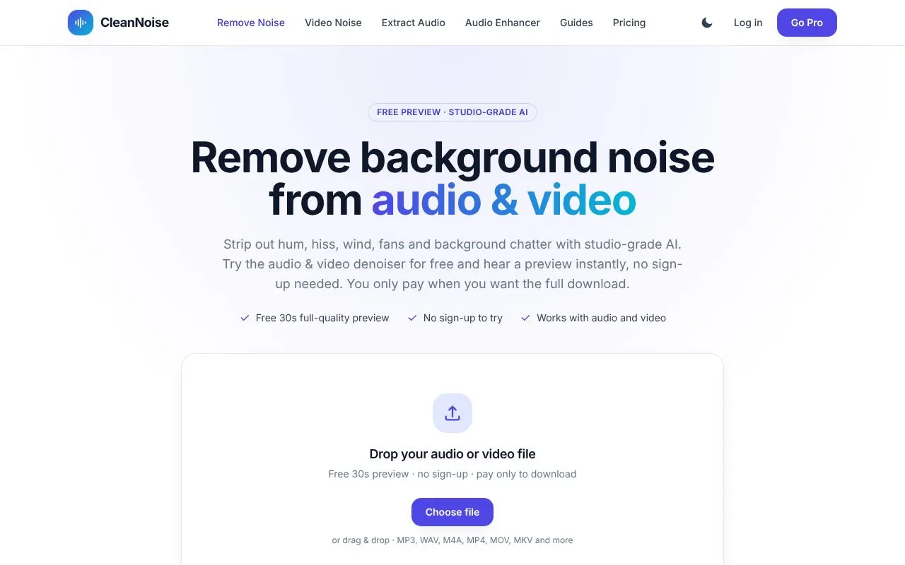 CleanNoise homepage screenshot
