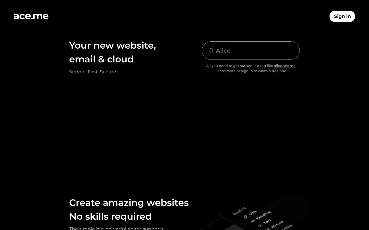 ace.me homepage screenshot