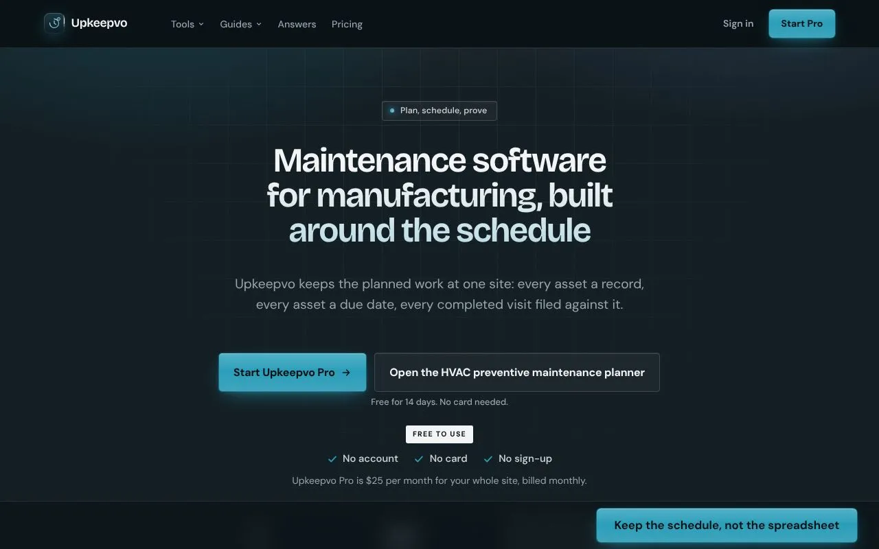 Upkeepvo homepage screenshot
