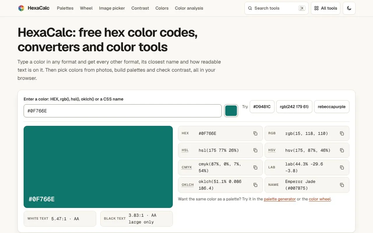 HexaCalc homepage screenshot