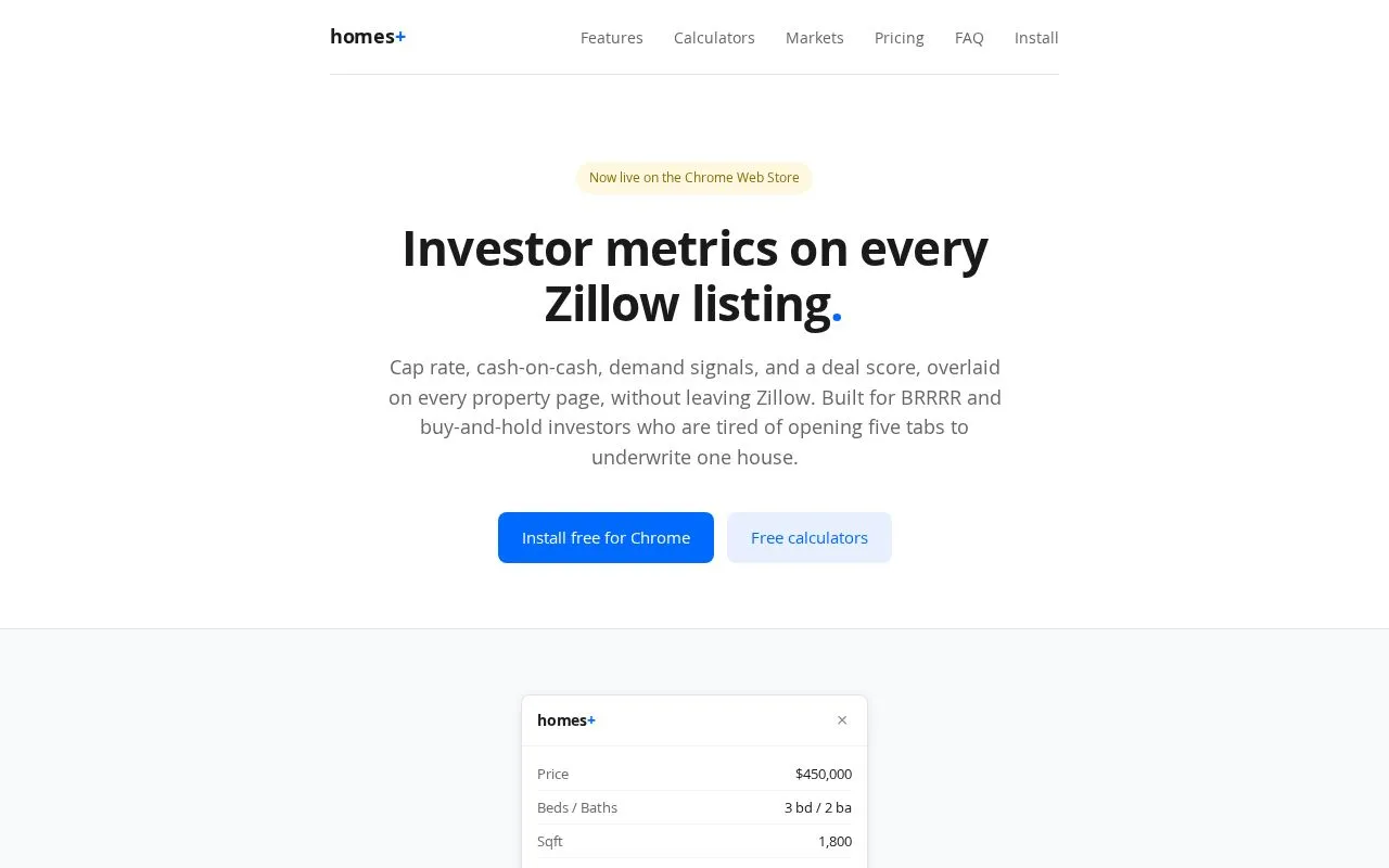homes+ homepage screenshot