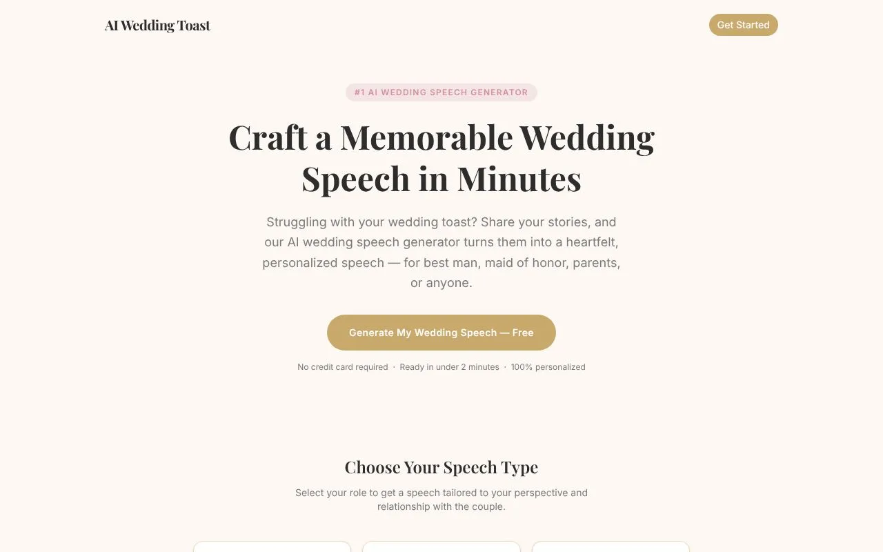 AI Wedding Toast homepage screenshot