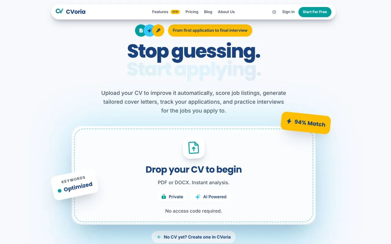 CVoria homepage screenshot