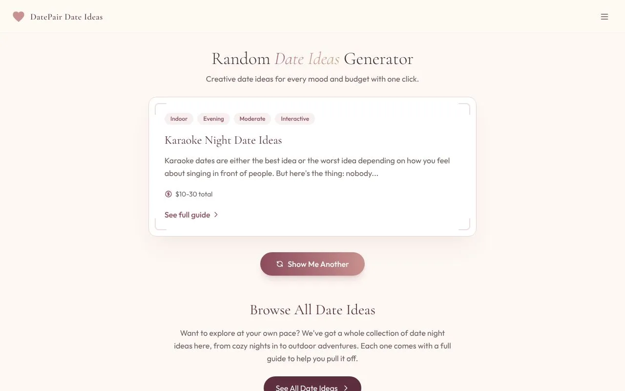 DatePair Date Ideas homepage screenshot