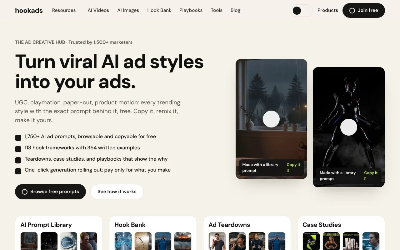 HookAds homepage screenshot