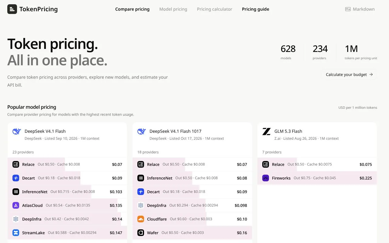 TokenPricing homepage screenshot