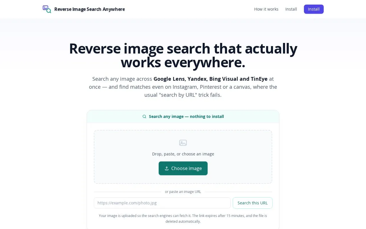Reverse Image Search Anywhere homepage screenshot