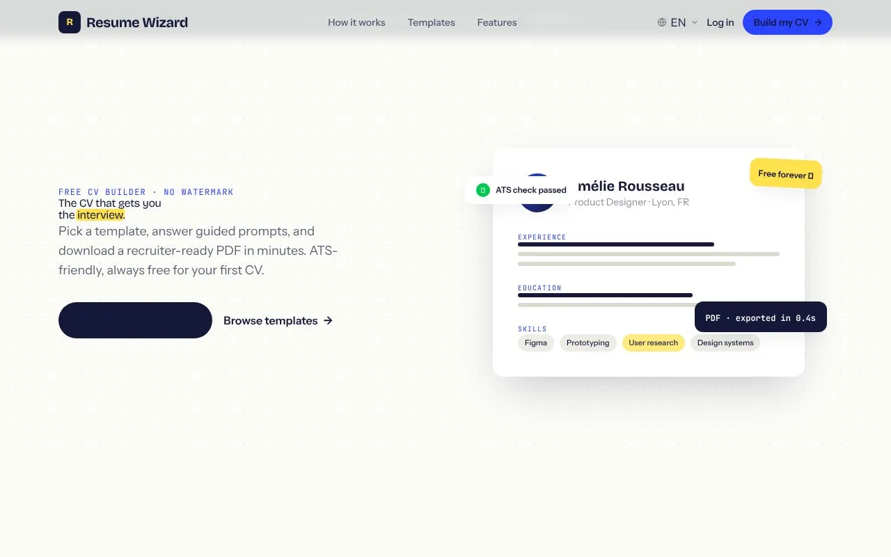 Resume Wizard homepage screenshot