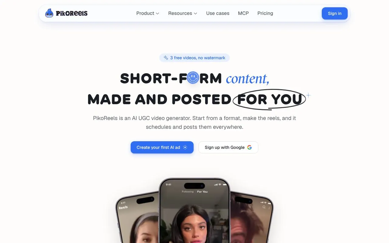 PikoReels homepage screenshot