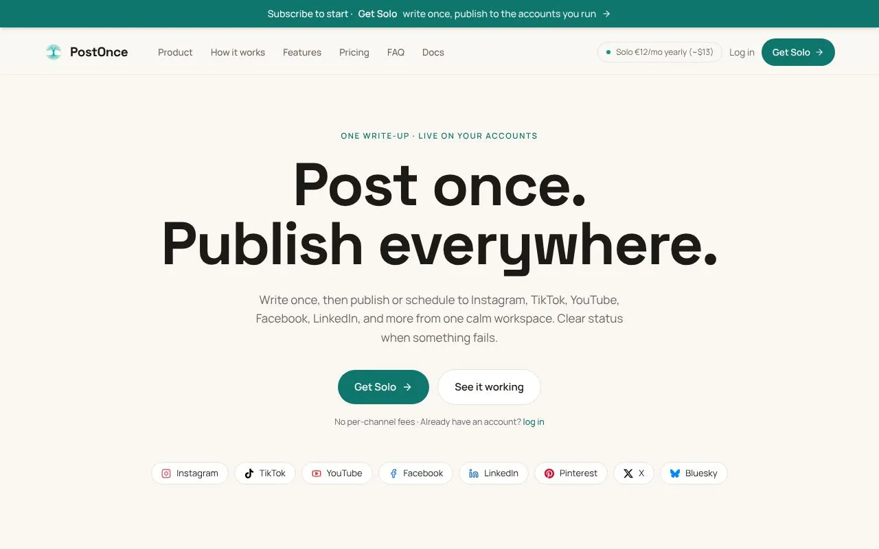 PostOnce homepage screenshot