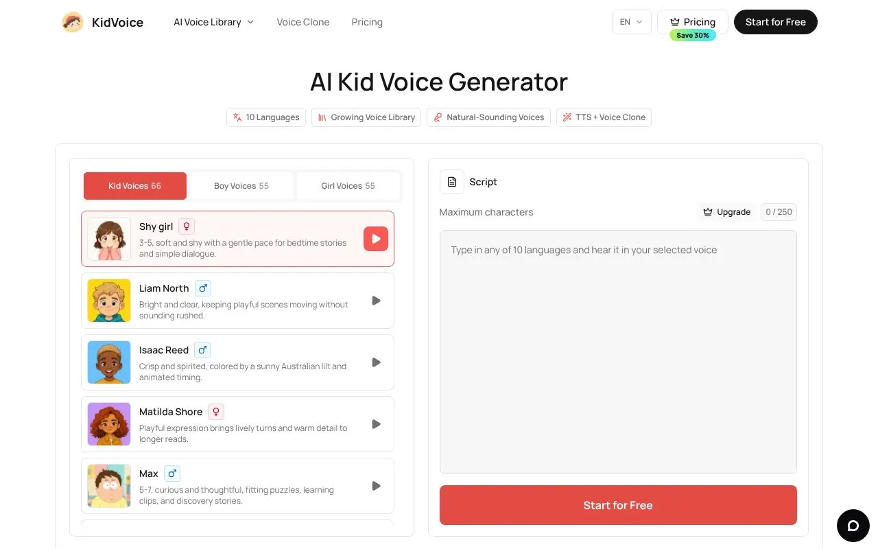 KidVoice homepage screenshot