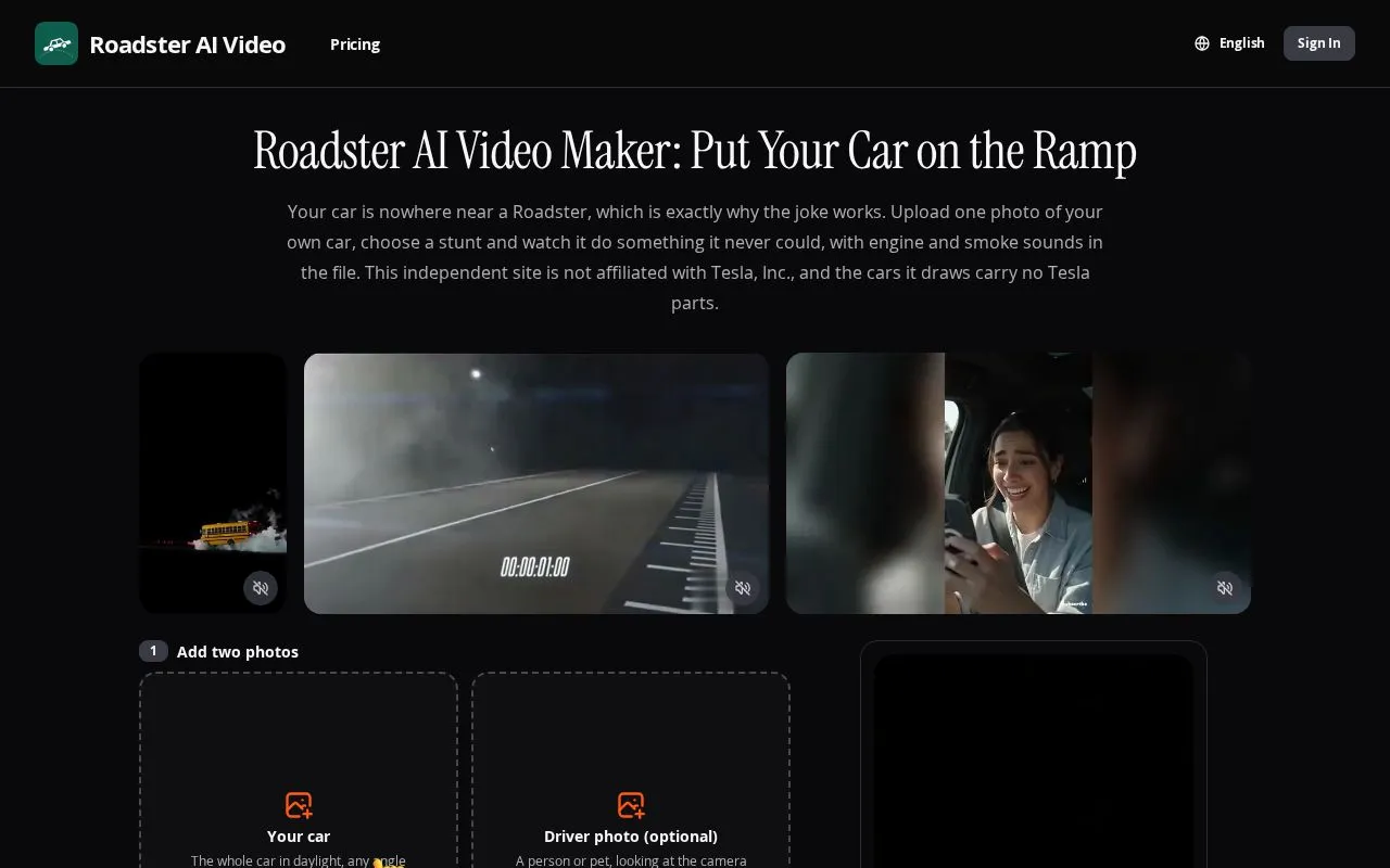 Roadster AI Video homepage screenshot