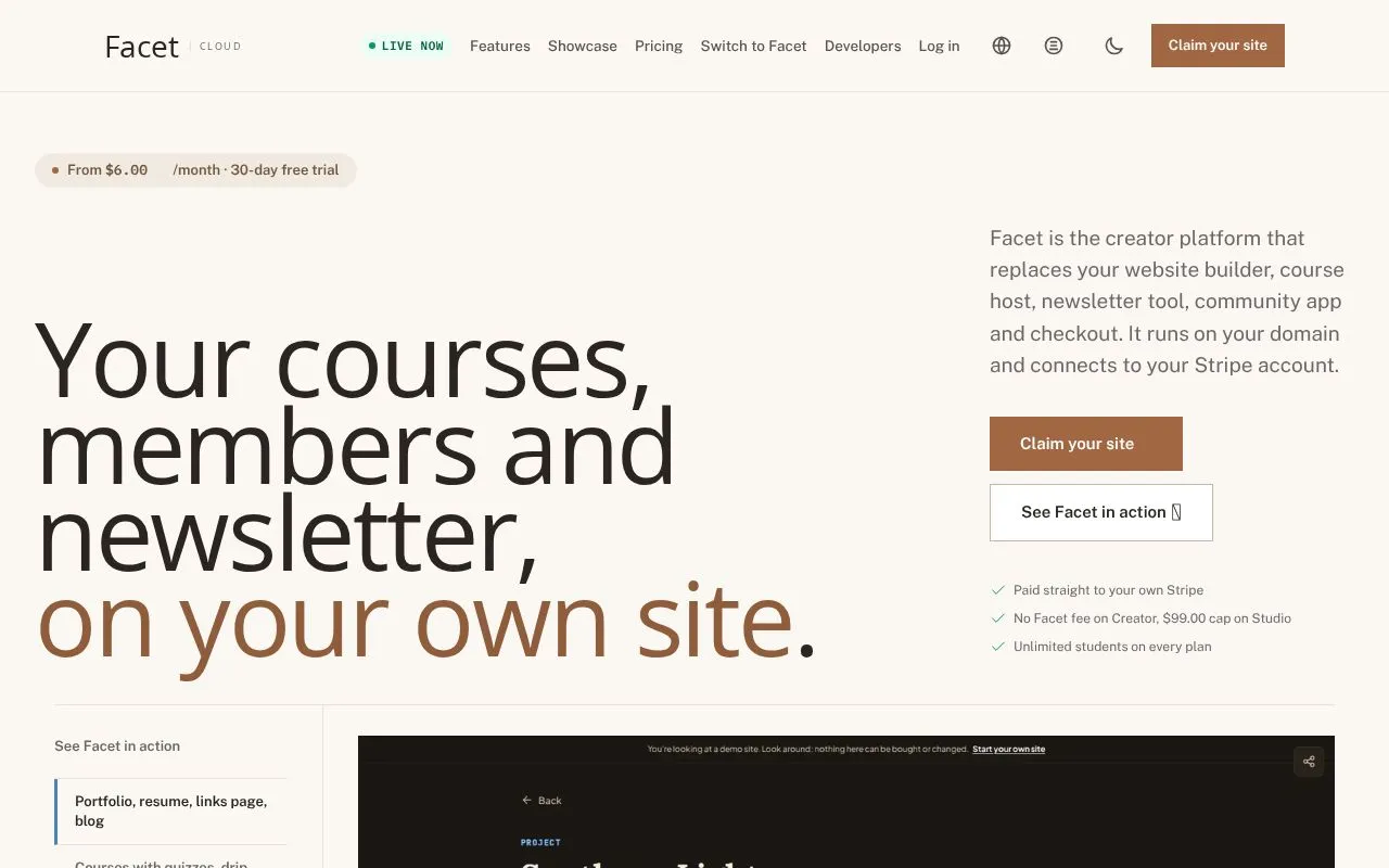 Facet homepage screenshot