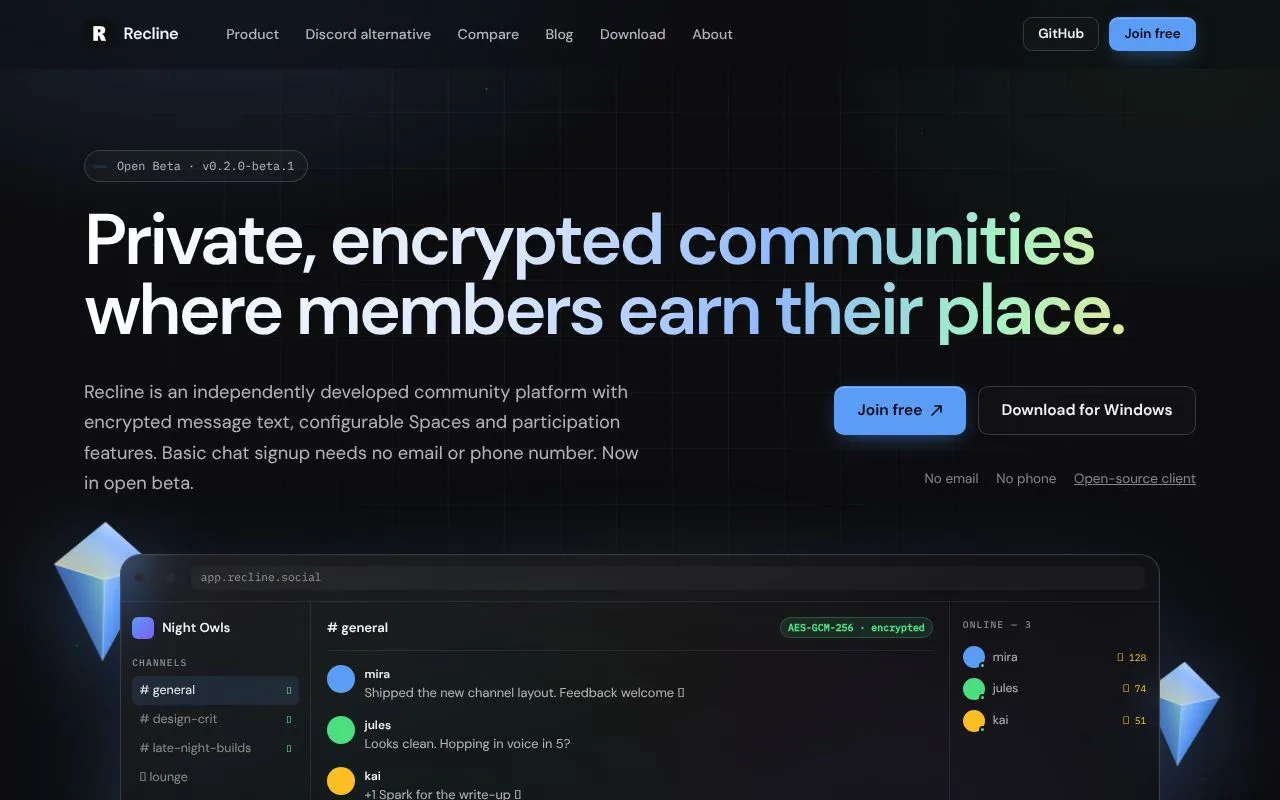 Recline homepage screenshot