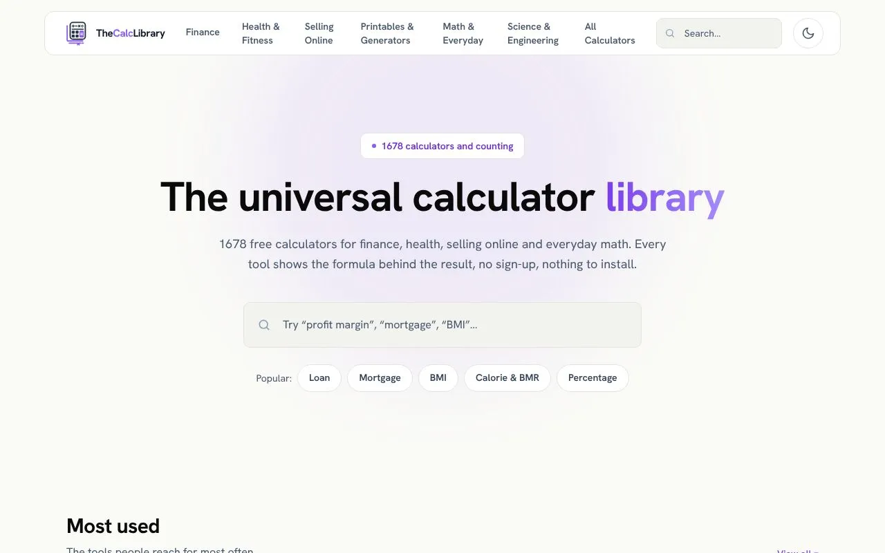 The Calc Library homepage screenshot