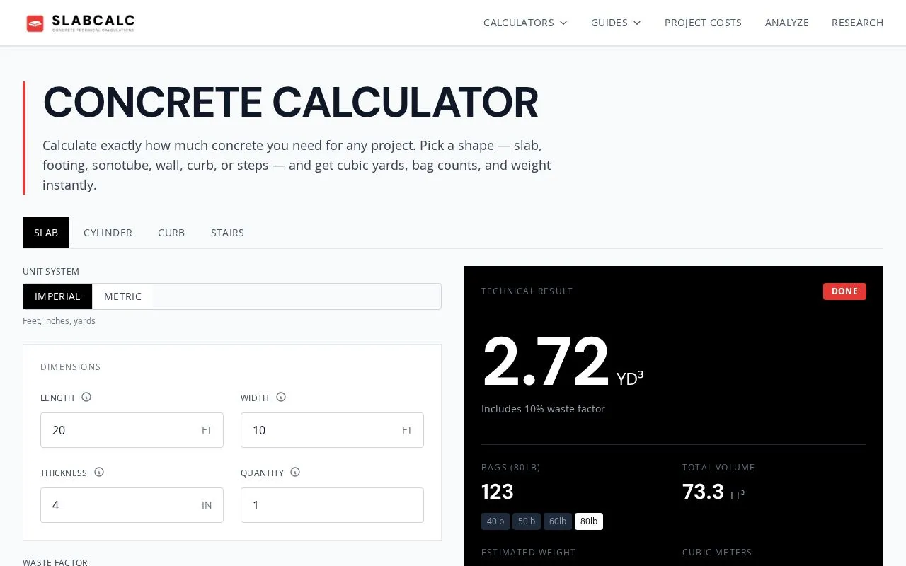 SlabCalc homepage screenshot