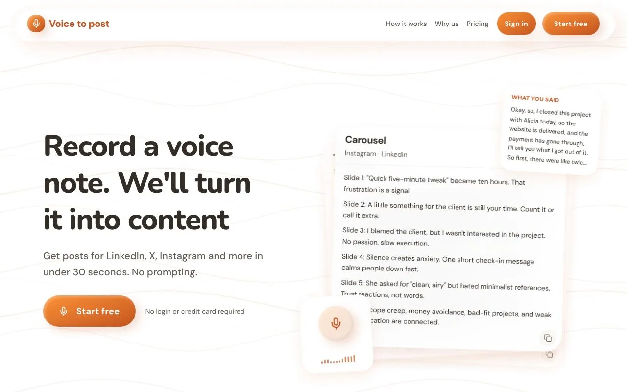 Voice to post homepage screenshot