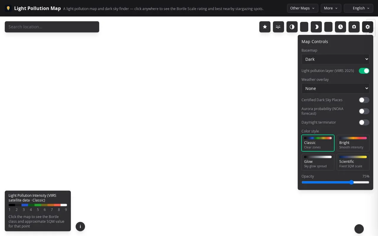 Light Pollution Map homepage screenshot