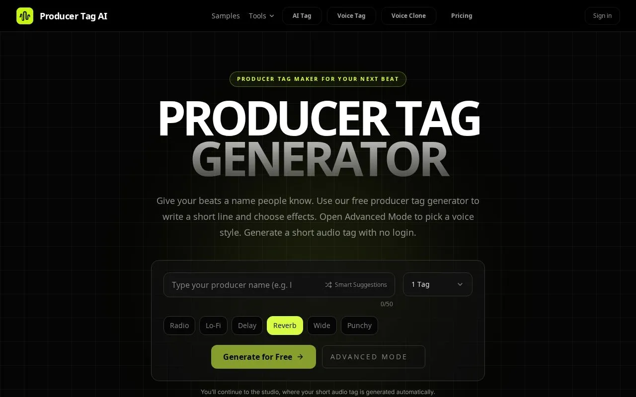Producer Tag AI homepage screenshot