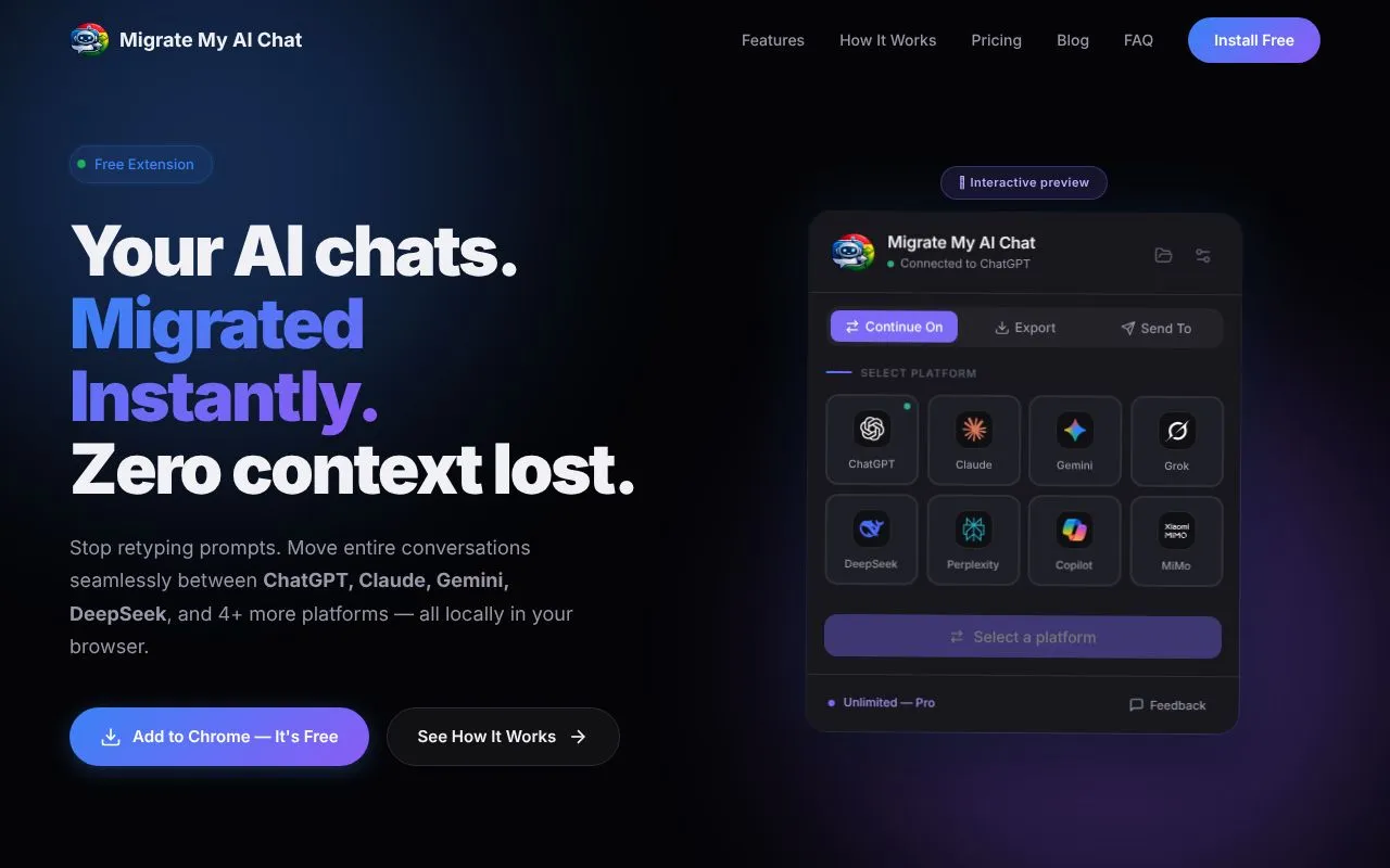 Migrate My AI Chat homepage screenshot