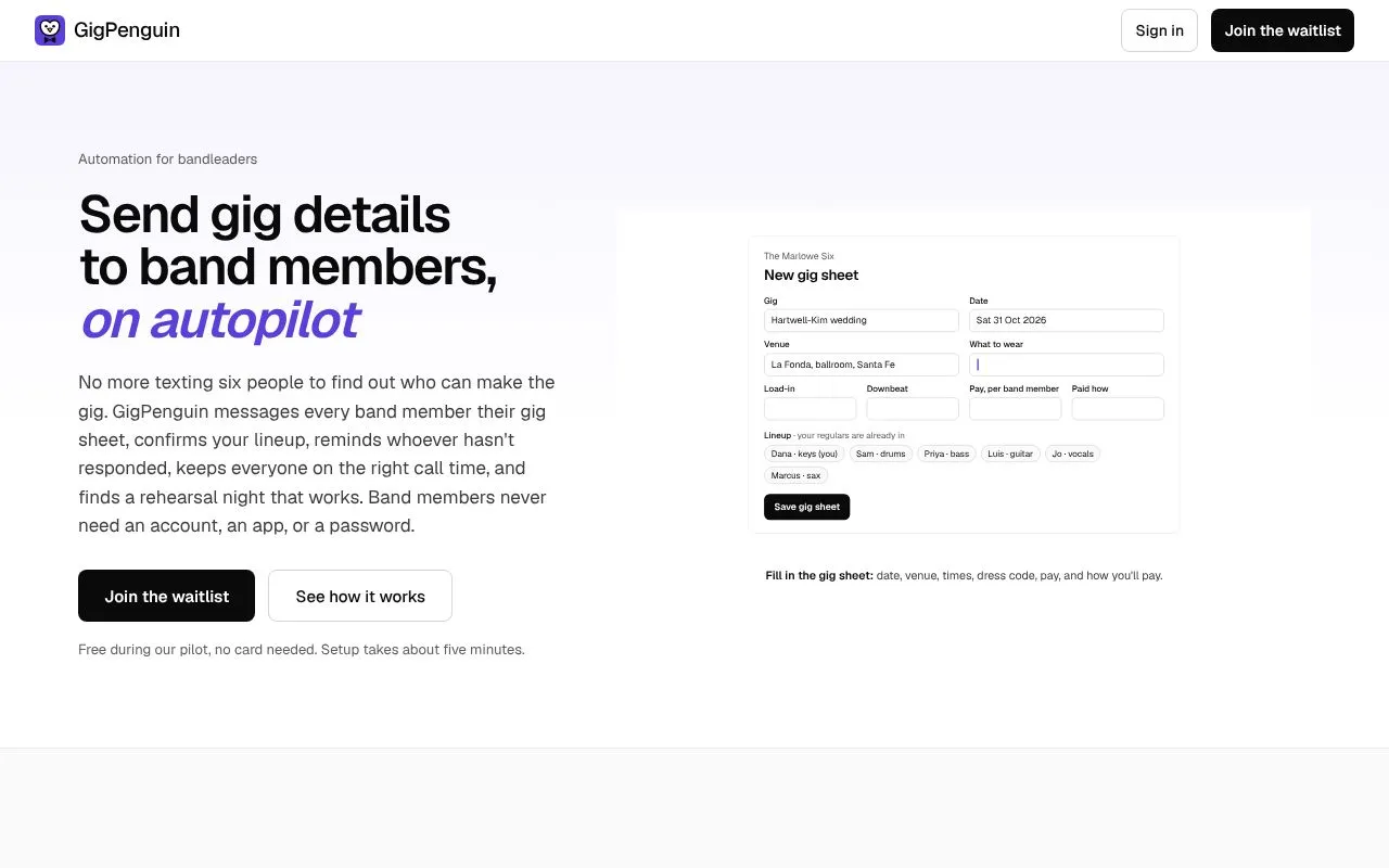GigPenguin homepage screenshot