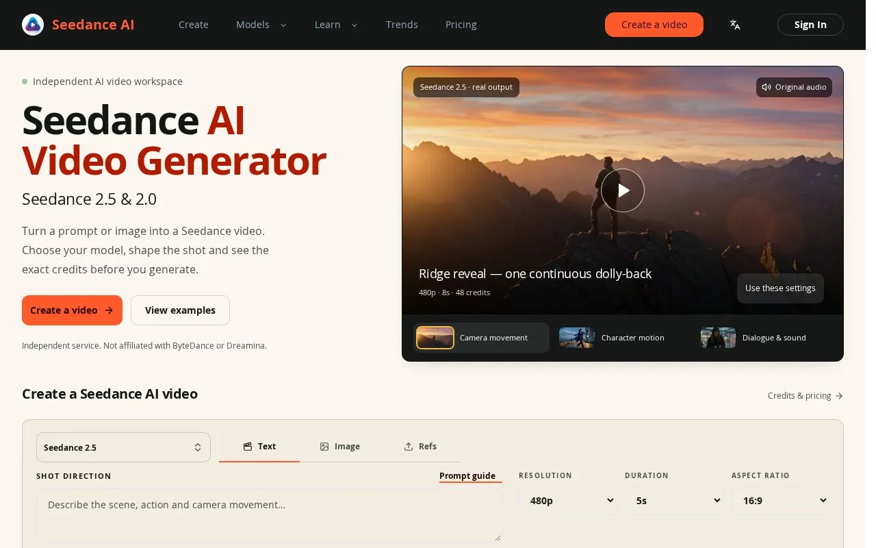 Seedance AI homepage screenshot