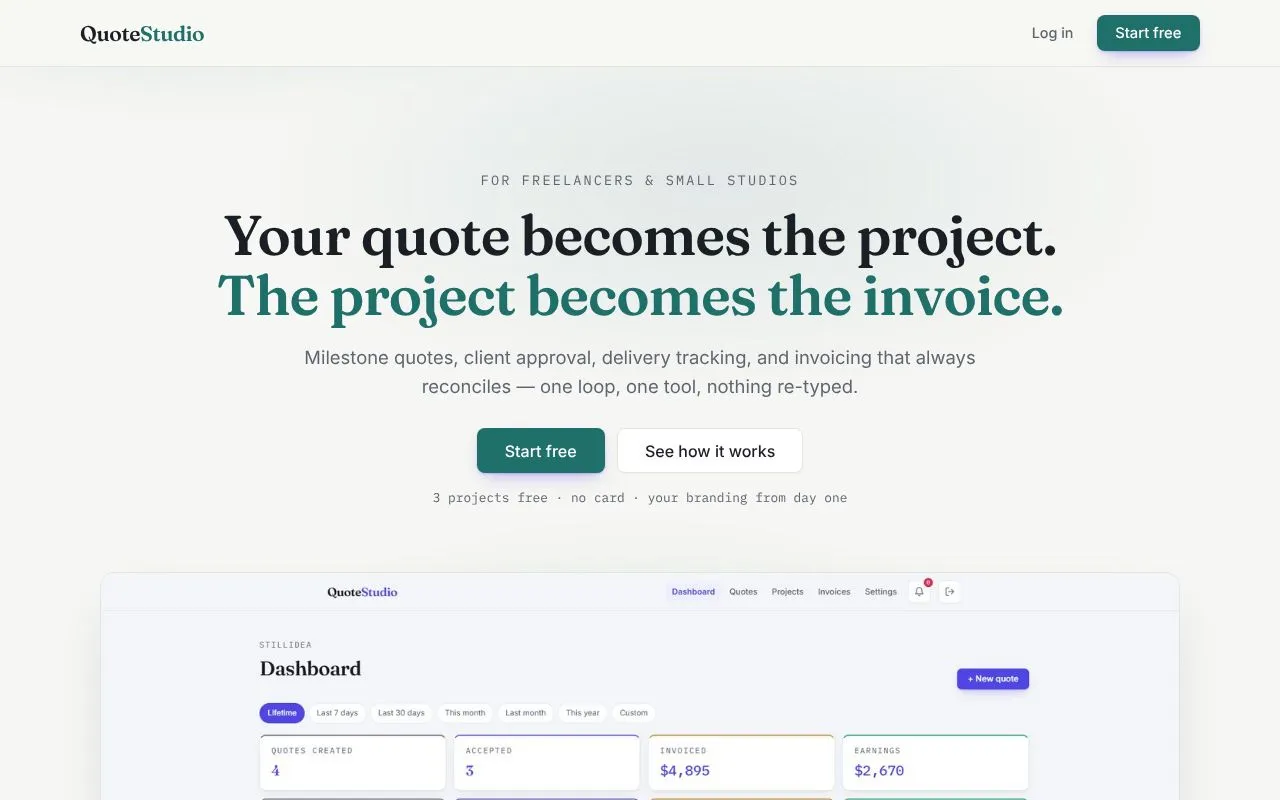 QuoteStudio homepage screenshot