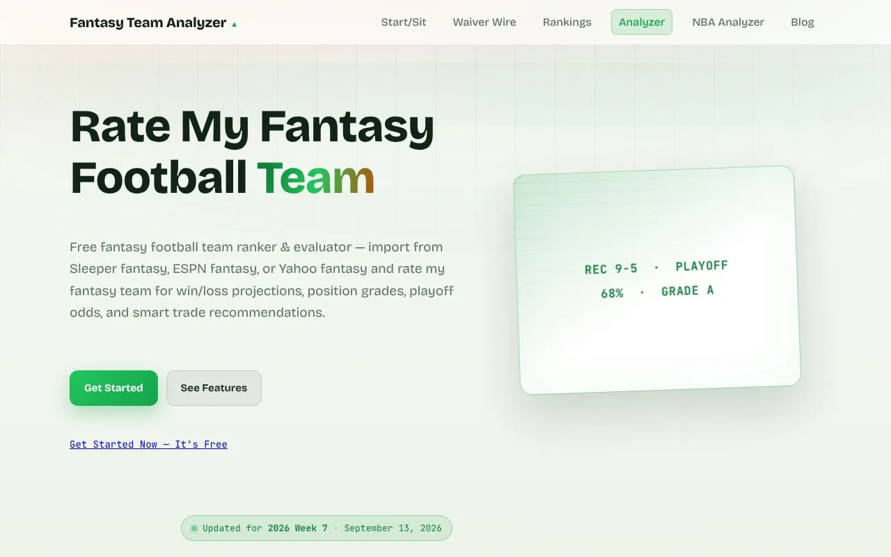 Fantasy Team Analyzer homepage screenshot