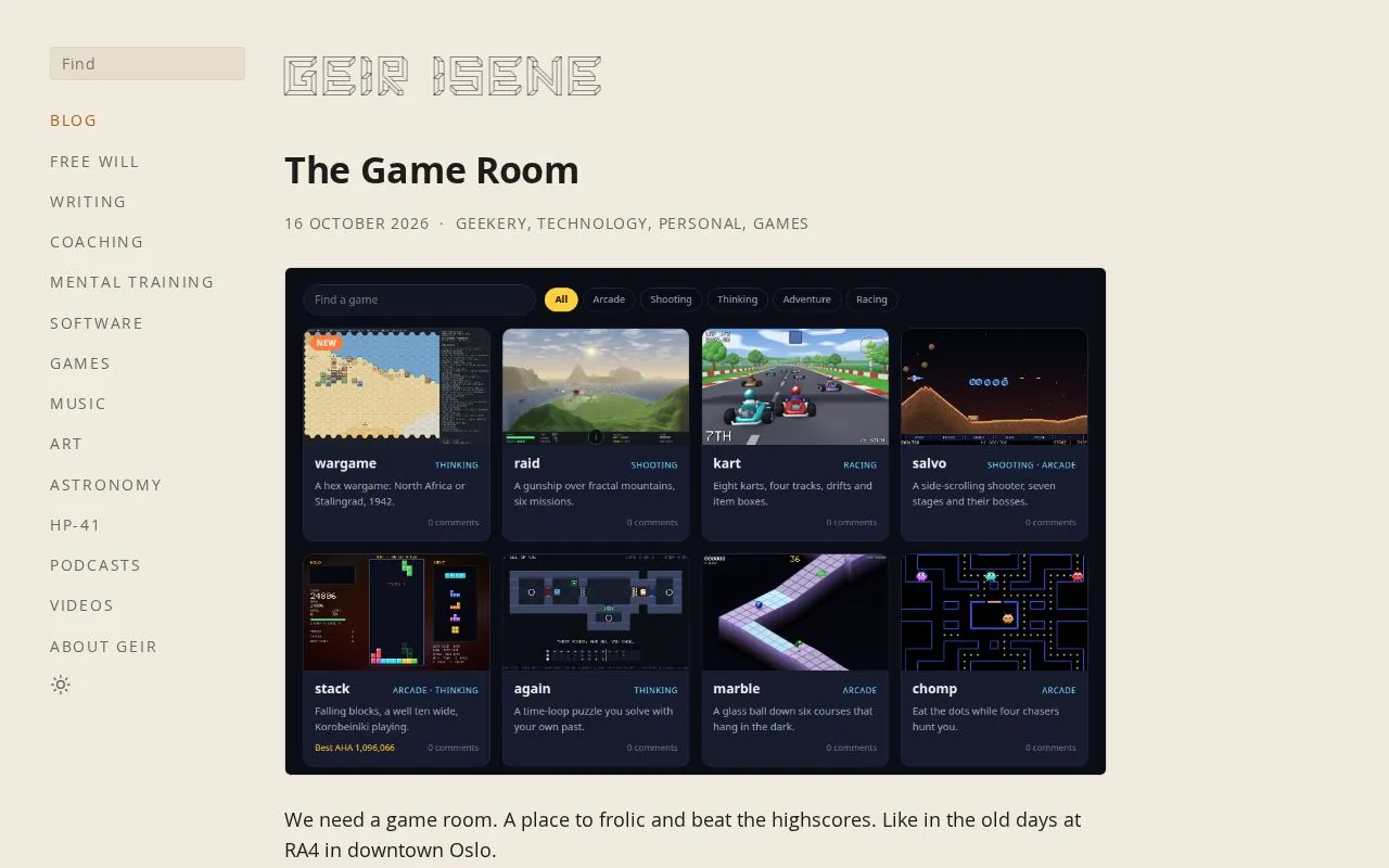 The Game Room homepage screenshot