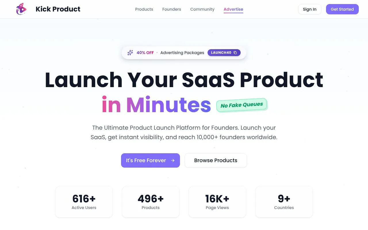 Kick Product homepage screenshot