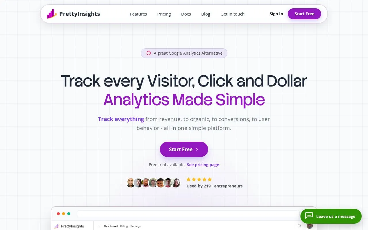 PrettyInsights homepage screenshot