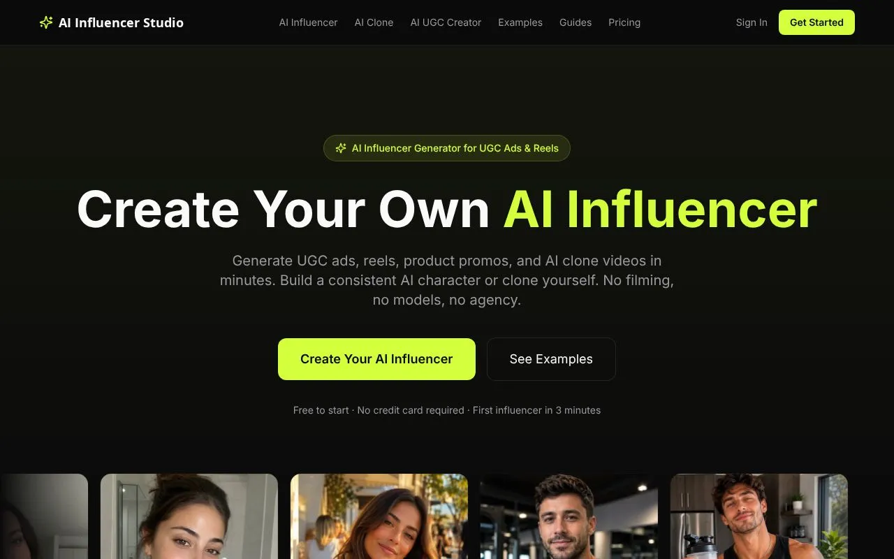 AI Influencer Studio homepage screenshot
