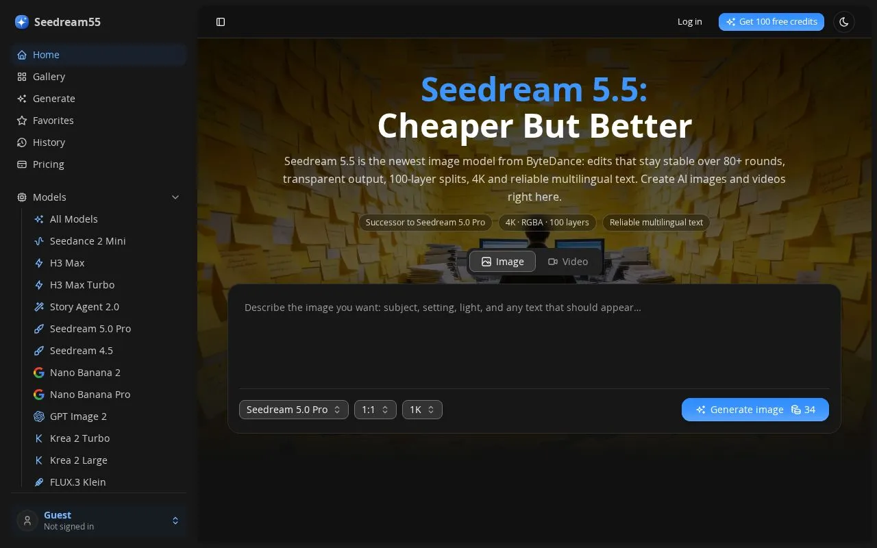 Seedream 5.5 homepage screenshot