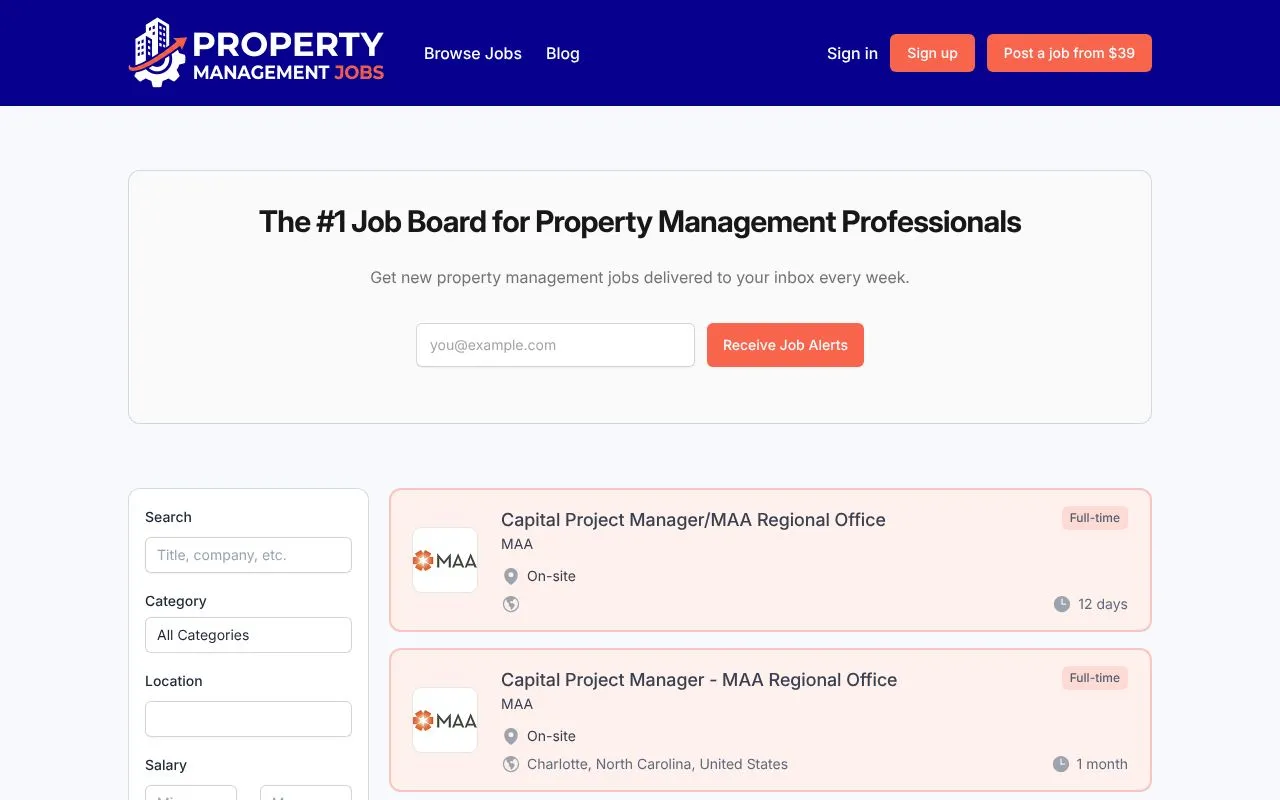 Property Management Jobs homepage screenshot