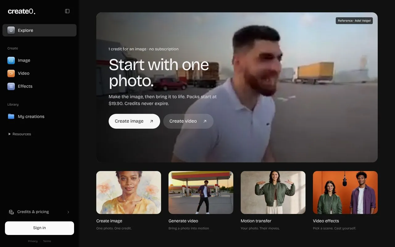 Create0 homepage screenshot