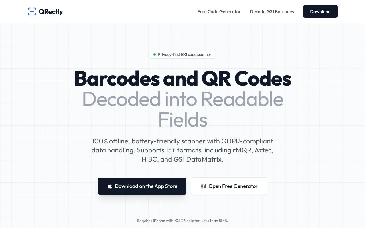 QRectly homepage screenshot
