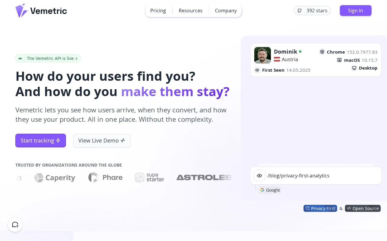Vemetric homepage screenshot